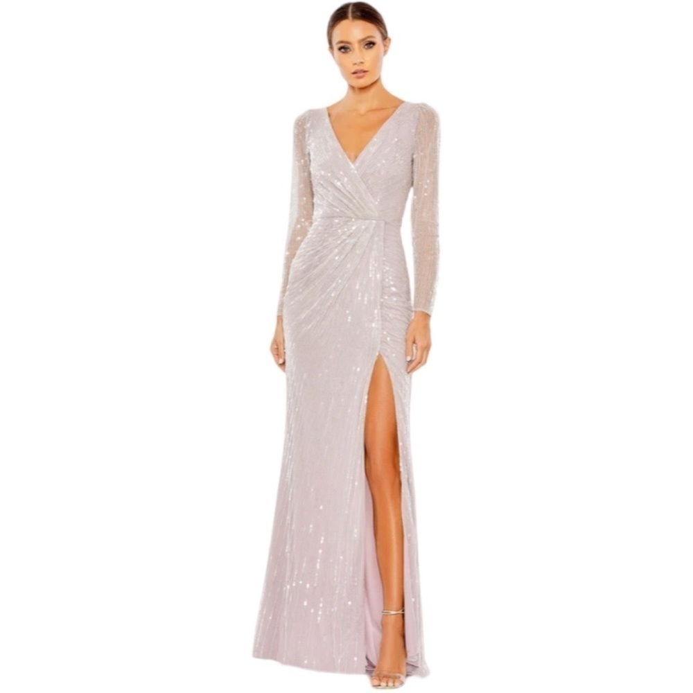 NWT MAC DUGGAL SEOUINED FAUX WRAP
LONG SLEEVE GOWN